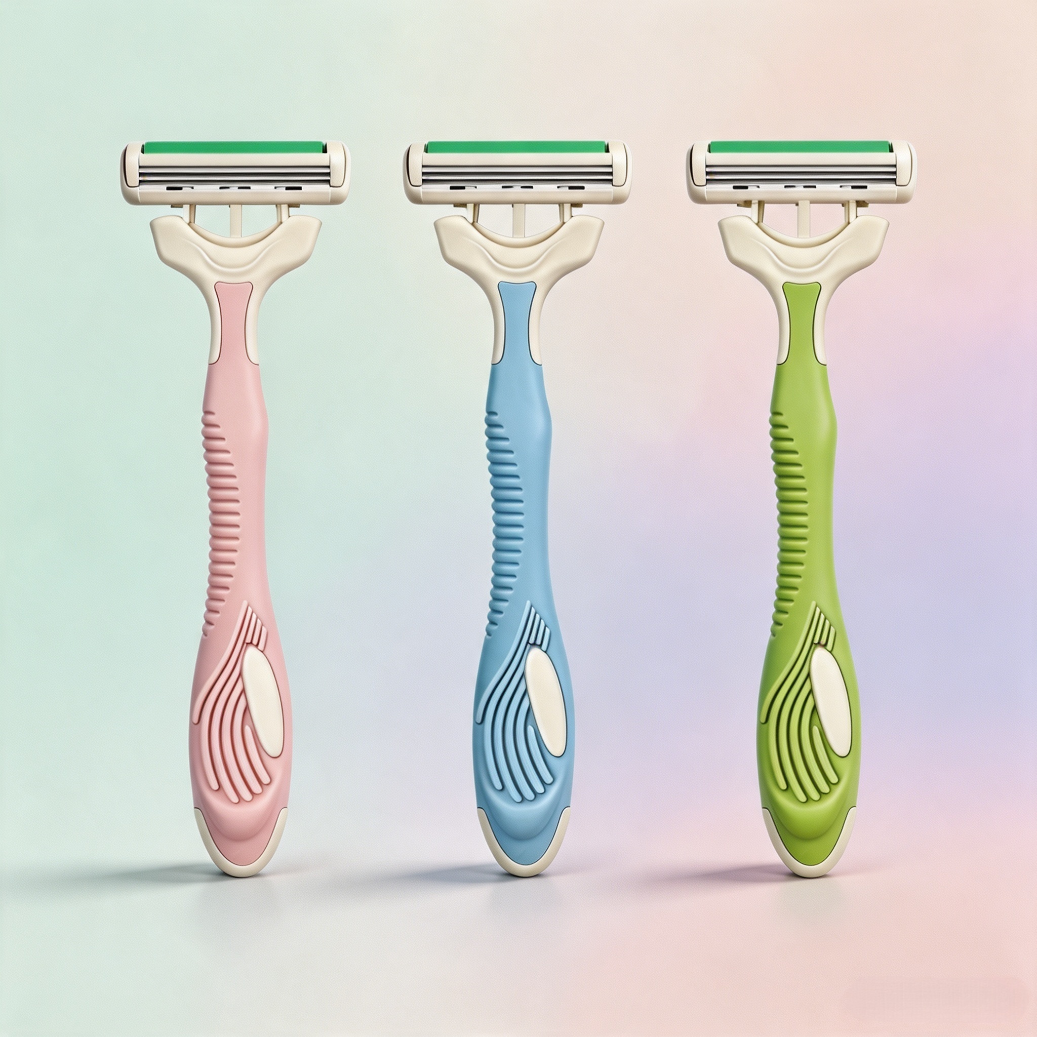 Three-blade women's razors in blush pink, sky blue and moss green