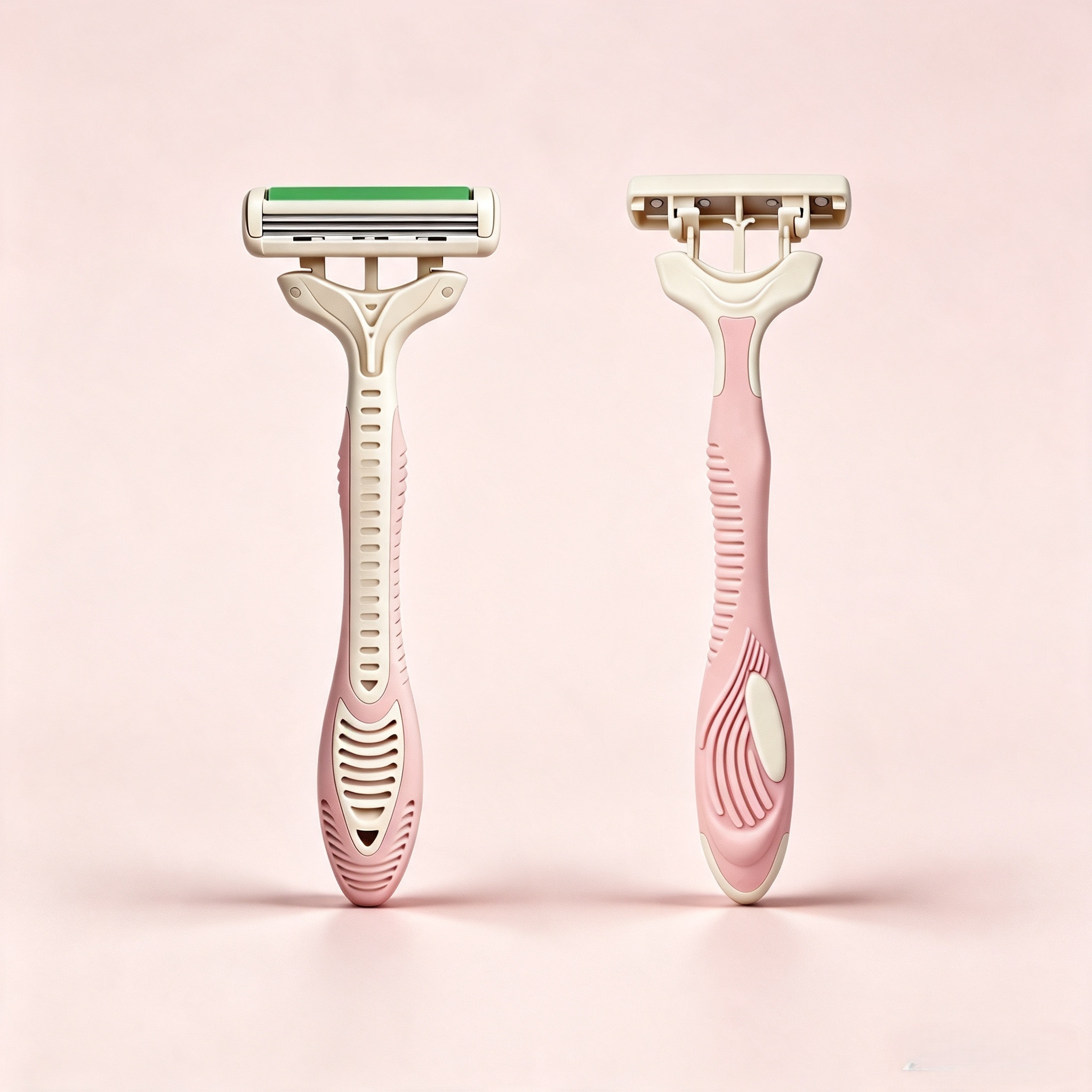 Side by side comparison of ribbed handle grip and curved grip pad on the razor